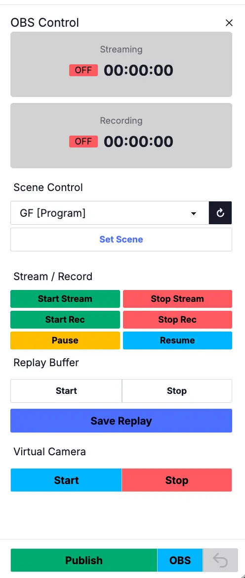 OBS Control Panel — Full Access: Streaming/Recording status, Scene Control, Stream/Record buttons, Replay Buffer, and Virtual Camera