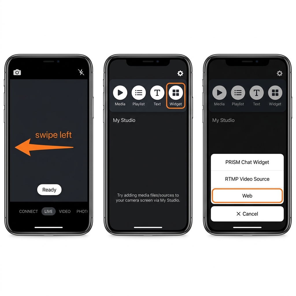 Prism Live — swipe to My Studio, tap Widget, select Web