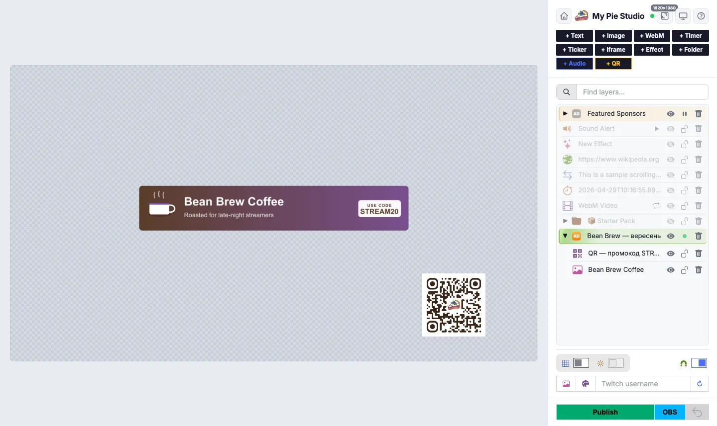 My Pie editor: Bean Brew Coffee banner and a QR code on the scene, ad folder live