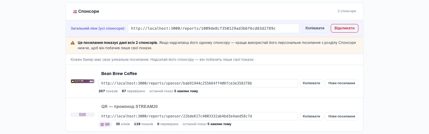 Sponsors block: the shared report link plus personal links for the banner and the QR code