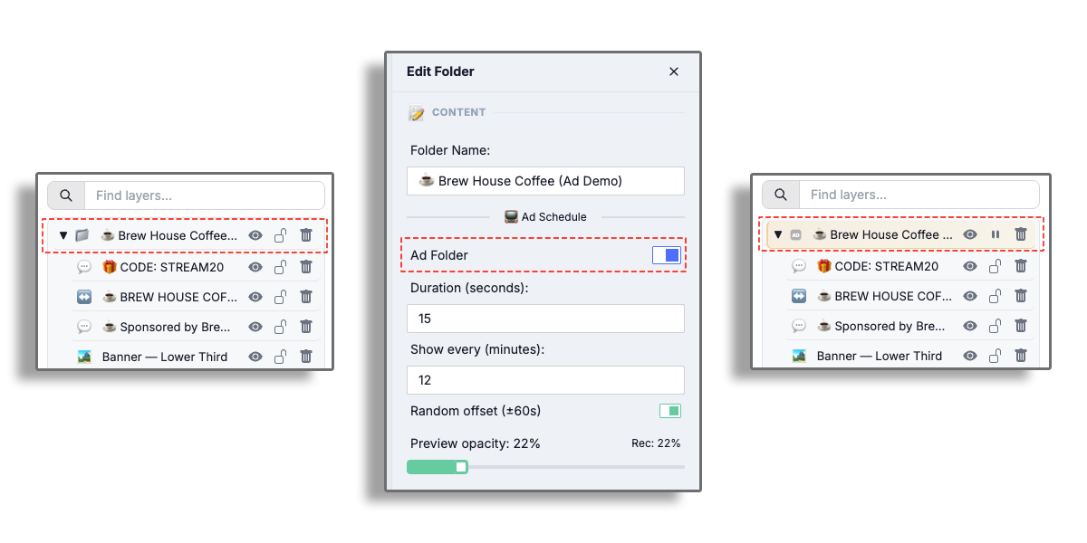 Ad Folder toggle in the Object Editor — before and after enabling Ad Schedule